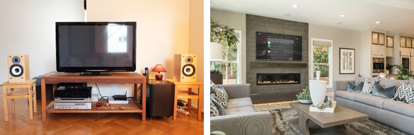 Left image shows AV equipment cluttering living space.  Right image video distribution with no equiopment clutter and sleeker design aesthetic 